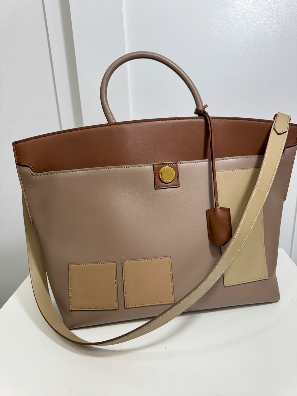 BURBERRY Society Large Colorblock Leather Runway Tote Bag Brown SS19 Authentic